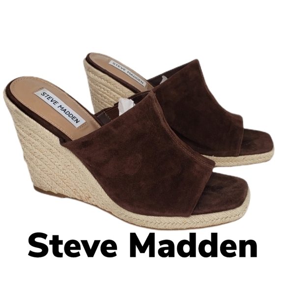 Steve Madden Urge Brown Suede Espadrille Wedge Square Toe Slip On Sandel Sz 9.5M - Picture 1 of 10